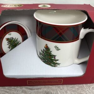 Spode Christmas Tree Tartan Mug and Coaster Set